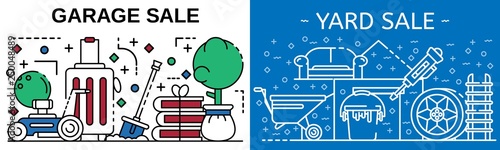 Garage sale banner set. Outline set of garage sale vector banner for web design