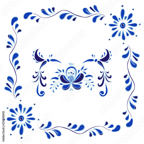 Gzhel (Russian traditional floral pattern) inspired decorative elements for design. Vector illustration. Print, card, banner, posters, t-shirts and textiles.