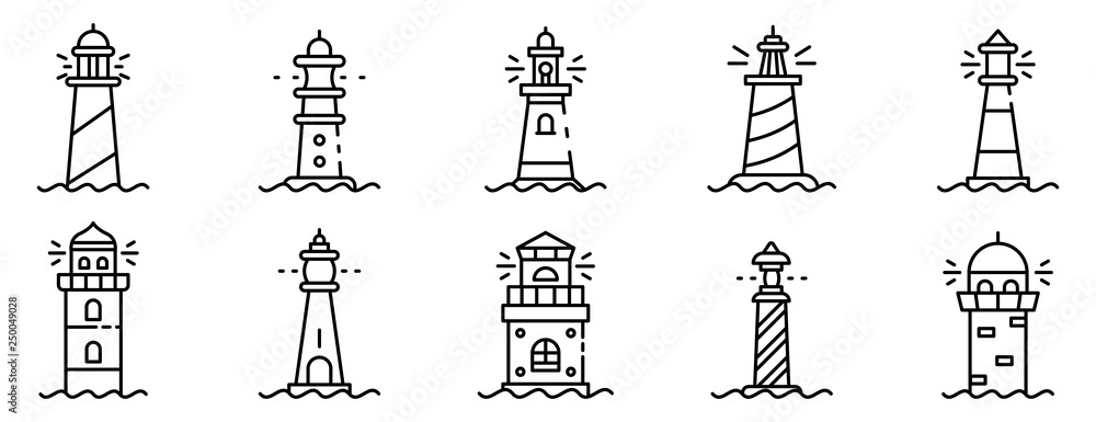 Lighthouse icons set. Outline set of lighthouse vector icons for web design isolated on white background