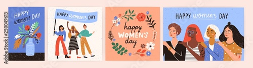 Collection of greeting card or postcard templates with flower bouquet in vase, floral wreath, feminism activists and Happy Women's Day wish. Modern festive vector illustration for 8 March celebration.