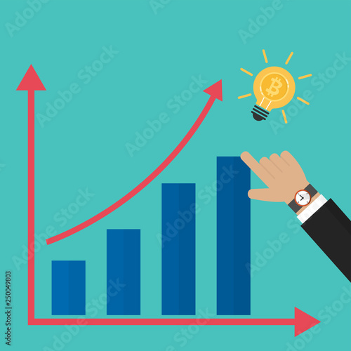 Chart with hand pushing the tallest bar and light bulb icon flat design