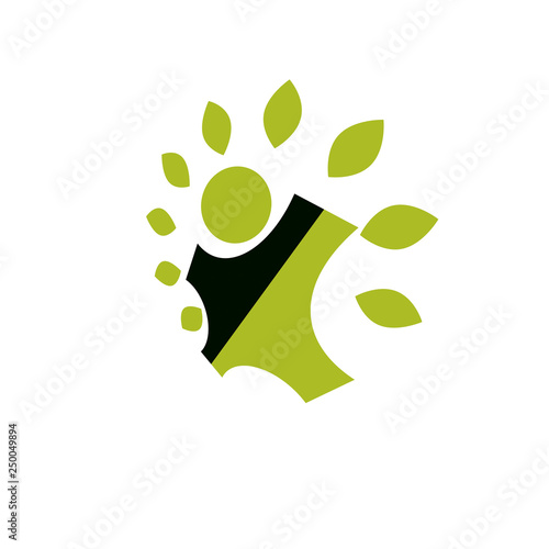 Vector illustration of happy abstract human with reaching up. Go green idea creative logo. Vegetarian theme icon. Wellness and harmony symbol.
