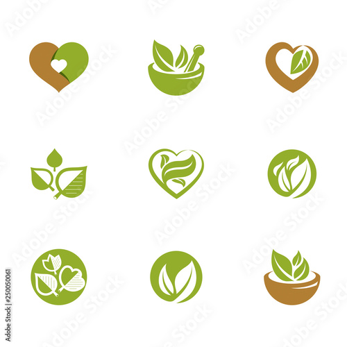 Phytotherapy metaphor, vector graphic emblems collection. Vegetarian lifestyle conceptual illustrations.