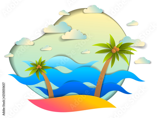 Beautiful seascape with sea waves, beach and palms, clouds in the sky, vector illustration in paper cut style, seashore summer beach holidays theme.