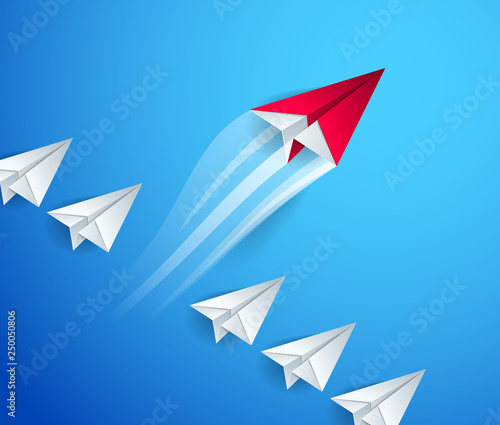 Be special, be first pioneer, be leader, leadership and success concept, line of origami paper toy planes one of them is standing out of line and taking off, 3d realistic vector illustration.