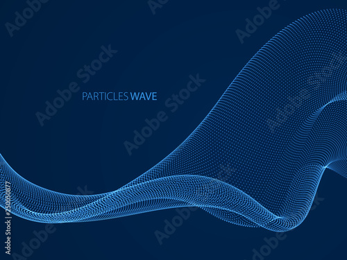 Wave of flowing particles over dark modern relaxing illustration. Round shining dots vector abstract background. Beautiful wave shaped array of blended points.