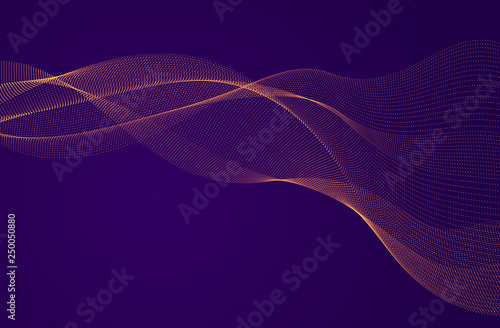Wave of flowing particles over dark modern relaxing illustration. Round shining dots vector abstract background. Beautiful wave shaped array of blended points.