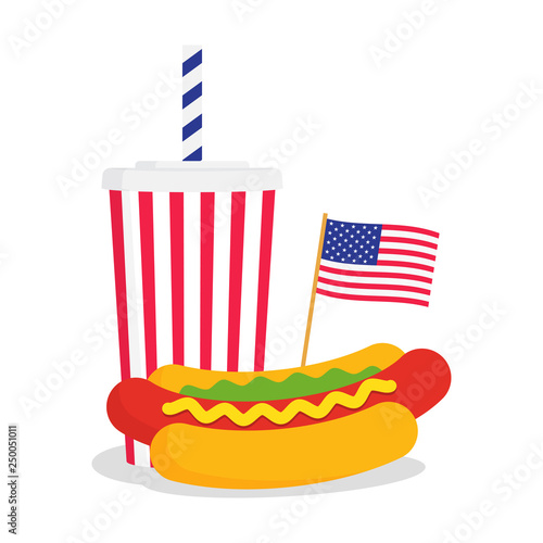 Fast food banner with American flag and hot dog with cola drink