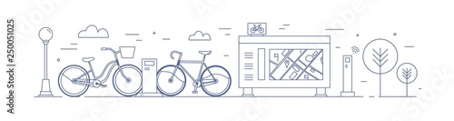 Public bike sharing zone with bicycles available for rent parked at docking stations on street, payment terminals, map stand drawn with contour lines. Monochrome vector illustration in linear style.