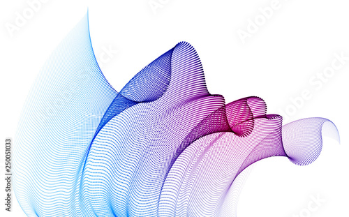 Flowing particles wave, transparent tulle textile on wind, dynamic motion curve lines. 3d vector illustration. Beautiful calming wave shaped array of blended points.