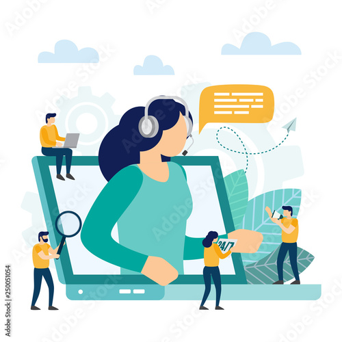 Call center, customer support. Hotline operator advises client.