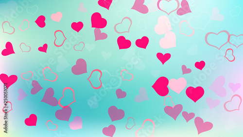 Red on Gradient fond Vector. Red hearts of confetti are falling. Festive background. Part of the design of wallpaper, textiles, packaging, printing, holiday invitation for wedding.