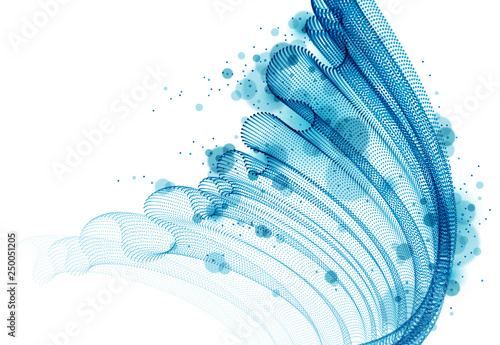 Dynamic particles wave flowing, transparent tulle textile on wind. Dotted curves vector abstract background. Beautiful 3d wave shaped array of blended points.