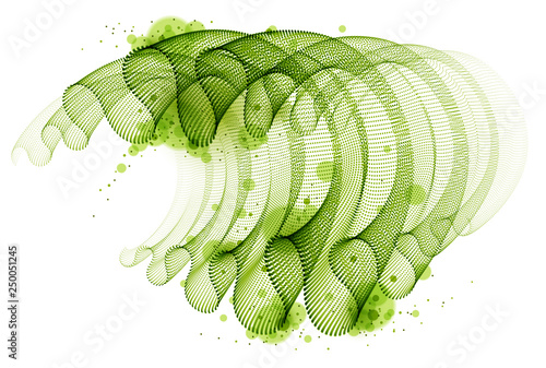 Flowing energy particles, wave of blended dots transparent tulle textile on wind. Curved dotted 3d lines vector effect illustration. 3d futuristic style.
