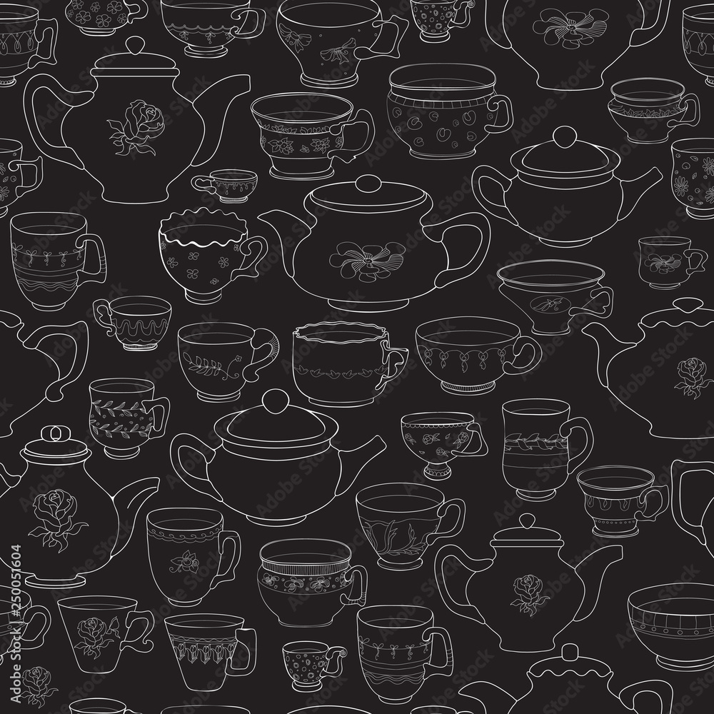 Vector seamless pattern of hand-drawn cups and pots. Vector seamless pattern of hand-drawn cups and pots.