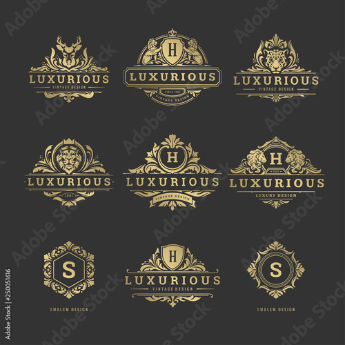 Luxury logos monograms crest design templates set vector illustration.