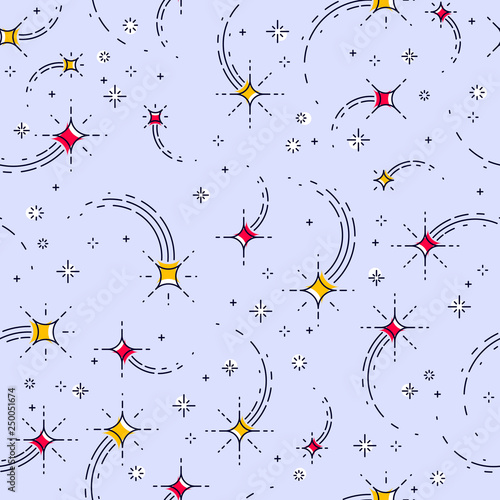 Space seamless background with stars, shooting stars, falling stars, undiscovered galaxy cosmic fantastic and interesting textile fabric for children, endless tiling pattern, vector illustration.