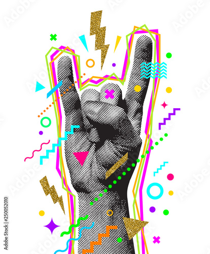 Rock'n'roll or Heavy Metal hand sign. Two fingers up. Engraved style hand and multicolored abstract elements. Vector illustration. photo