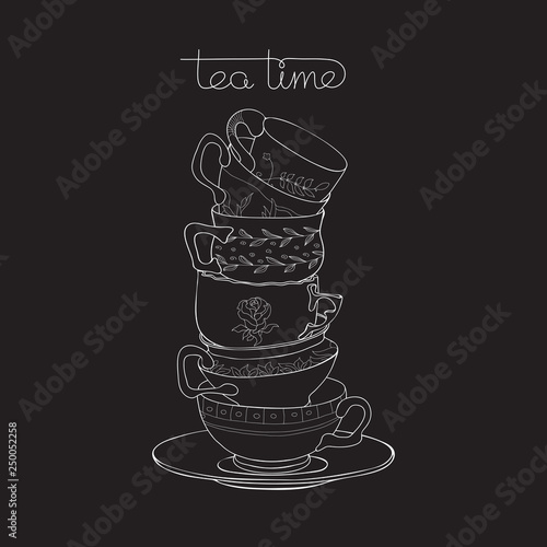 Tea time. Freehand drawing with stacked teacups. Vector.