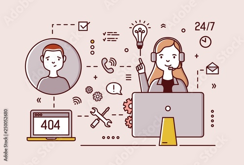 Friendly technical support manager wearing headphones sitting at computer, so...