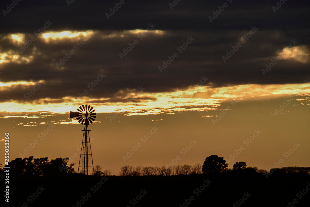 Naklejka premium Landscape with windmill at sunset, Pampas, Patagonia,Argentina