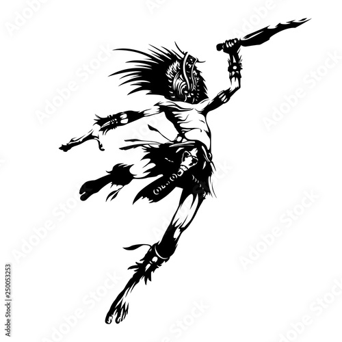 Amazing ancient tribal warrior is jumping on his prey with a knife