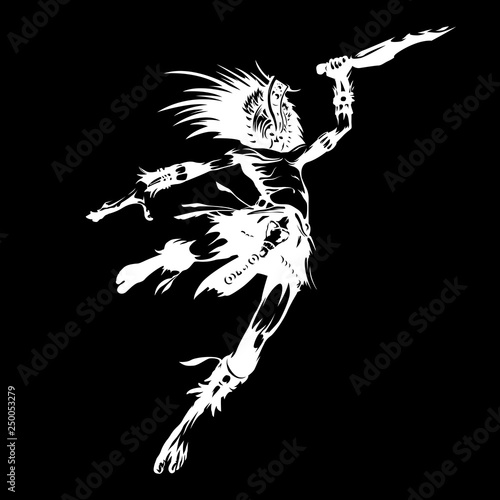 Jumping tribal warrior with a blade and amazing headdress