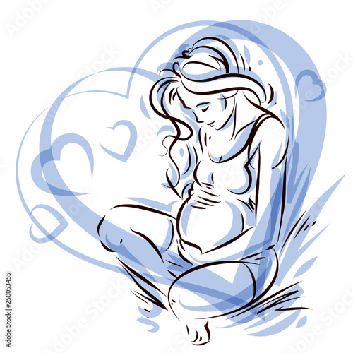 Vector graceful composition of pregnant woman body outline surrounded by heart shape frame. Mother Day.