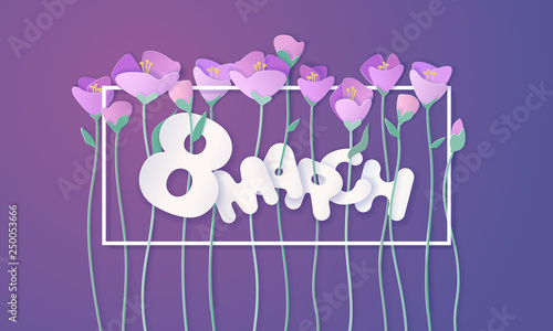 Paper cut 3d flowers banner in purple colors