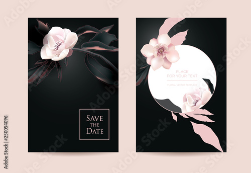 Fototapeta Naklejka Na Ścianę i Meble -  Wedding invitation in the botanical style. Pink flowers on a dark background. Vector template for the shop, beauty salon, spa or restaurant	
