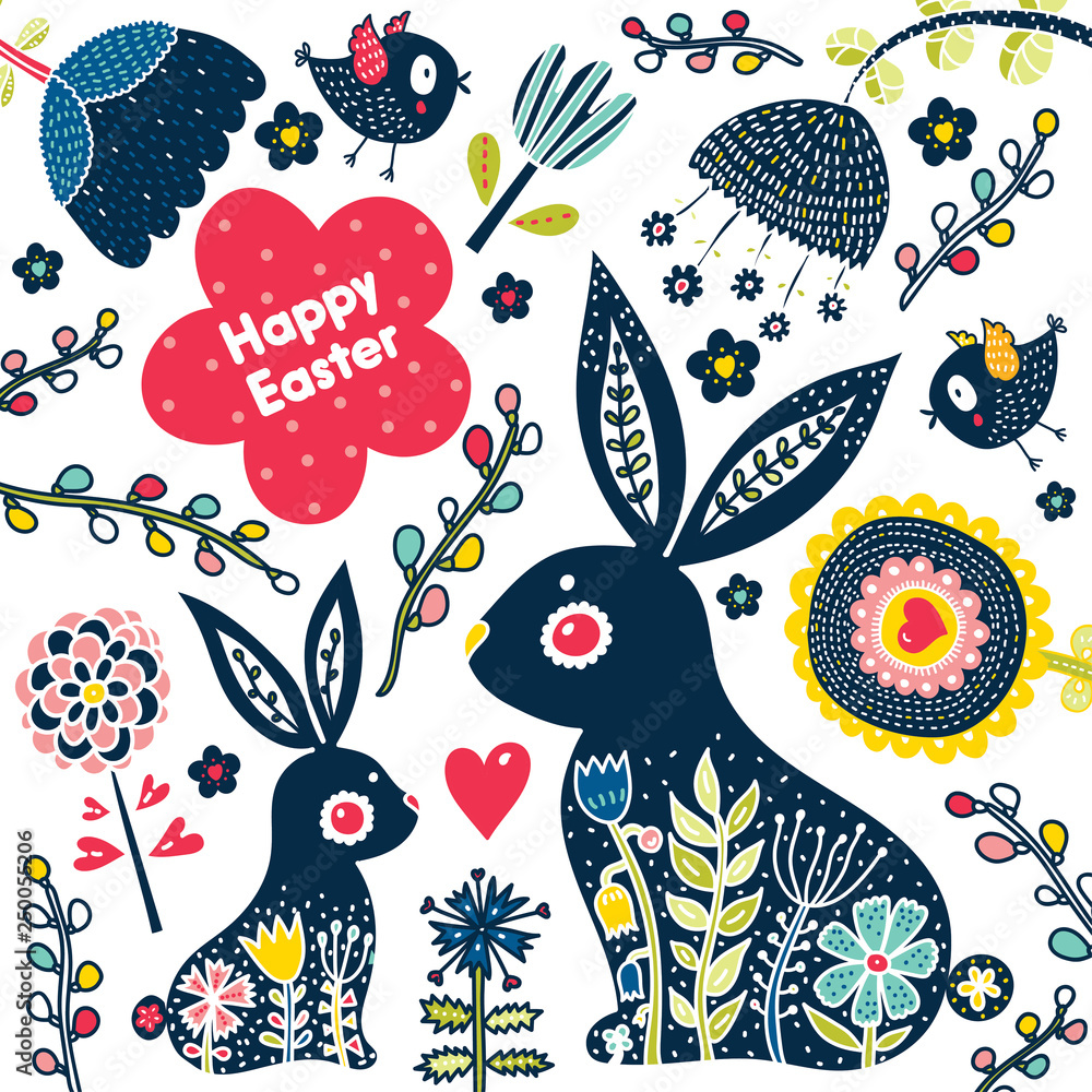 Cute decorative bunnies and flowers. Postcard for Easter. Cute decorative bunnies and flowers. Postcard for Easter.