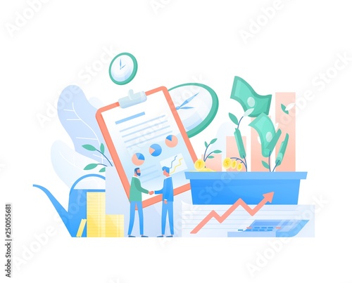 Pair of businessmen, entrepreneurs or investors shaking hands, stock exchange market graphs and money. Investment agreement or deal, funding. Colorful vector illustration in modern flat style.