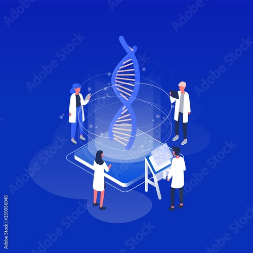 Group of scientists or researchers wearing white coats analyzing DNA molecule in science lab. Genetic engineering, biotechnology, genome modification and genomics. Isometric vector illustration.