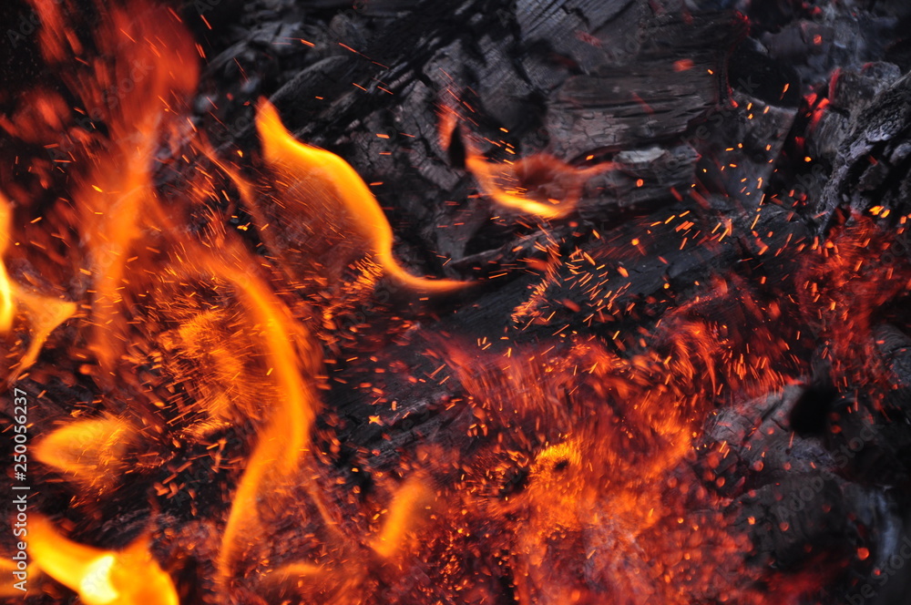 Beautiful color of burning red coals and black charred wood. Beautiful color of burning red coals and black charred wood.