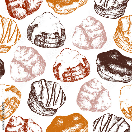 Hand drawn illustration of baked bignes.  Cream puffs or profiteroles sketches. Vector background with italian desserts. Vintage food seamless pattern. For cafe or bakery design.