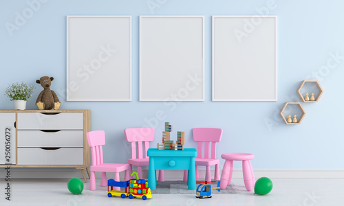 Three blank photo frame for mockup in childern room, 3D rendering