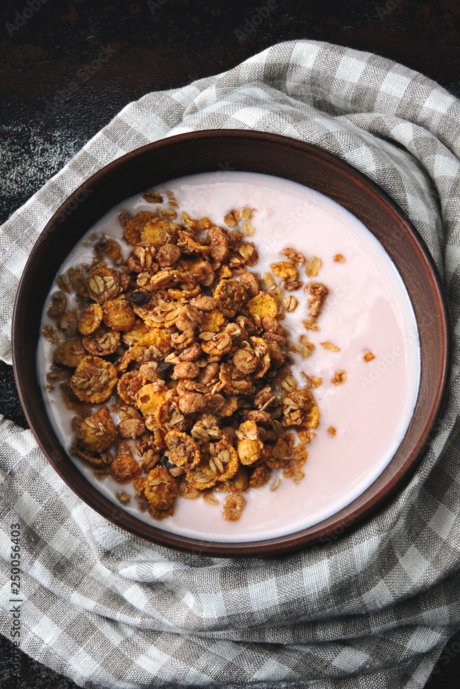 Fototapeta premium Healthy breakfast bowl with fresh yogurt and granola. Probiotics and fermented dairy products. Breakfast with probiotics.