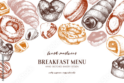 Breakfast menu design. Hand drawn coffee and pastries illustrations. Fast food sketches in engraved style.  Vector template for cafe or bakery design. Vintage hot drinks and desserts background.