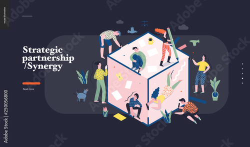 Technology 1 -Strategic Partership - Synergy flat vector concept digital illustration partnership and synergy metaphor. Business workflow and team management Creative landing web page design template