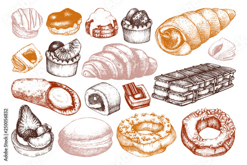 Breakfast Pastries and Brownies collection. Hand drawn baked products on chalkboard. Vintage food sketches for cafe or bakery menu. Confectionery design. 