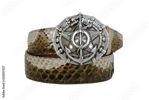 Brown and white snake leather belt with big buckle on white background