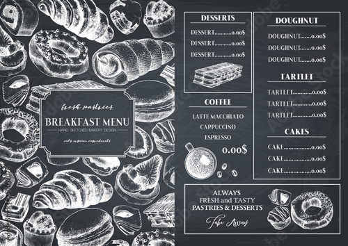 Breakfast menu design. Hand drawn desserts and pastries illustrations. Fast food sketches in engraved style.  Vector template for cafe or bakery design.