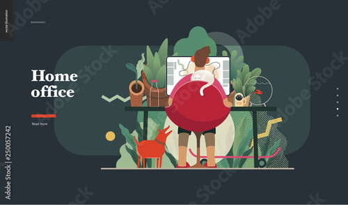 Technology 2 -Home Office - modern flat vector concept digital illustration home office metaphor, a freelancer guy working at home with pets and plants. Creative landing web page design template