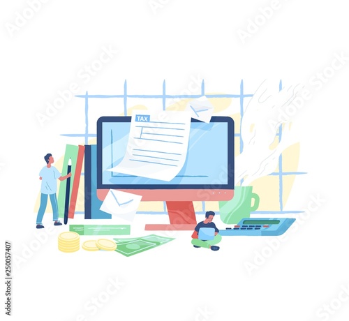 Giant computer, tiny people or taxpayers sitting beside and filling in tax form, money bills and coins