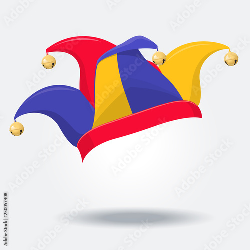 Colored jester hat with bells. April Fool's Day. Vector illustration on white background