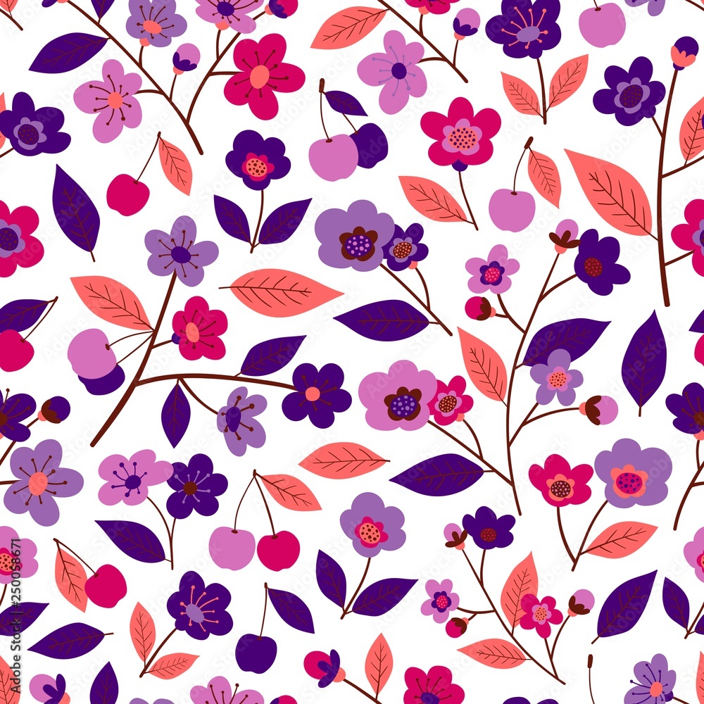 Seamless pattern with flowers, leaves and fruits of cherry