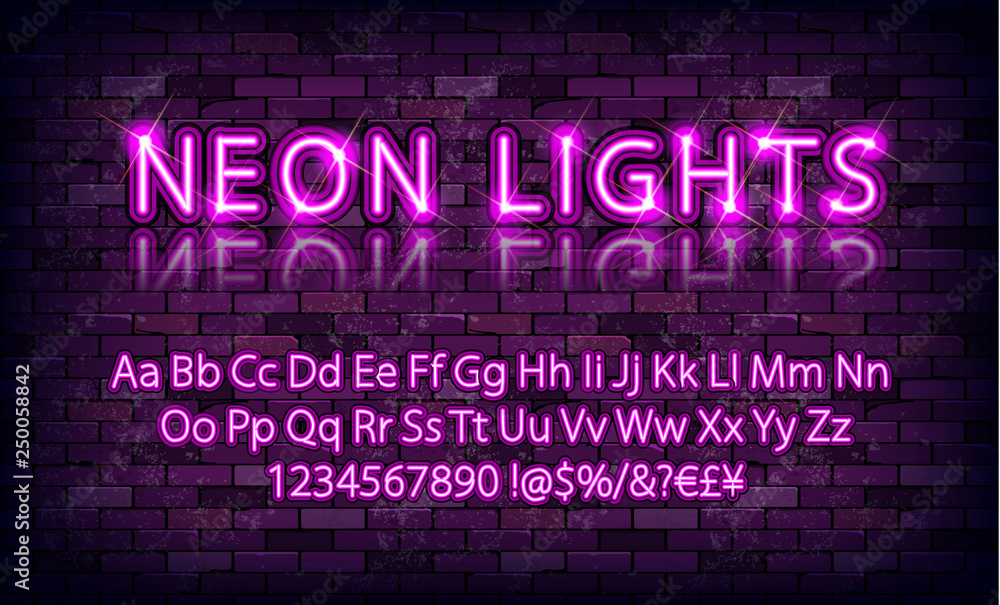 Pink neon font on brick wall. Pink neon font on brick wall.