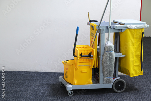 Closeup of janitorial, cleaning equipment and tools for floor cleaning at the airport. 