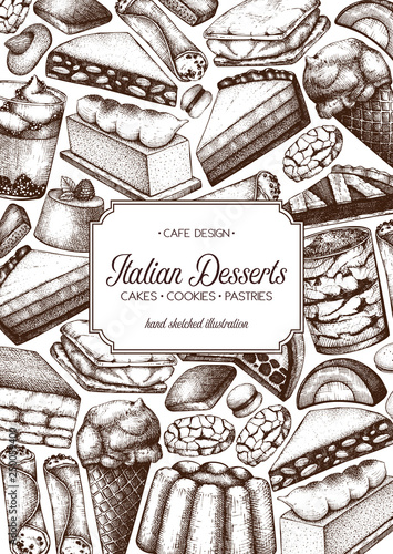 Vertical Italian desserts illustration. Hand drawn ice cream, cakes, cookies and pie sketches. For cafe or restaurant menu design. Vector fast food template. 