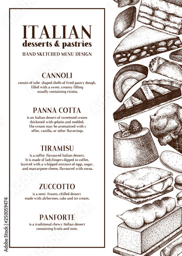 Italian cuisine menu design. Hand drawn desserts and pastries illustrations. 